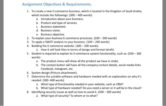  Assignment objectives & Requirements: 1. To create a new E-commerce business,
