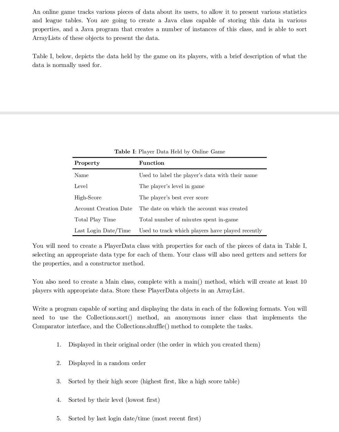 sorting with anonymous inner classes, solve with explanation An online game