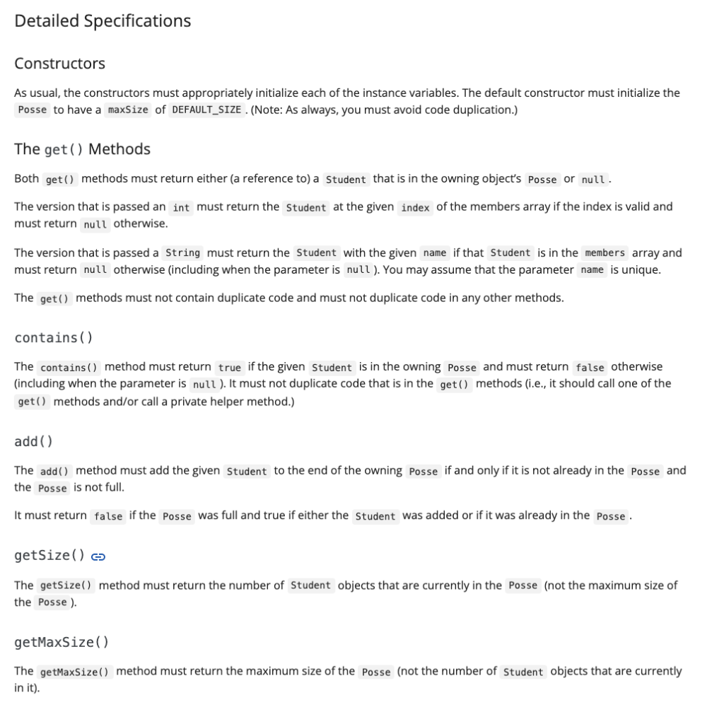 int -members : Student] +Posse(maxSize : int) +Posse() +add(student : Student) :