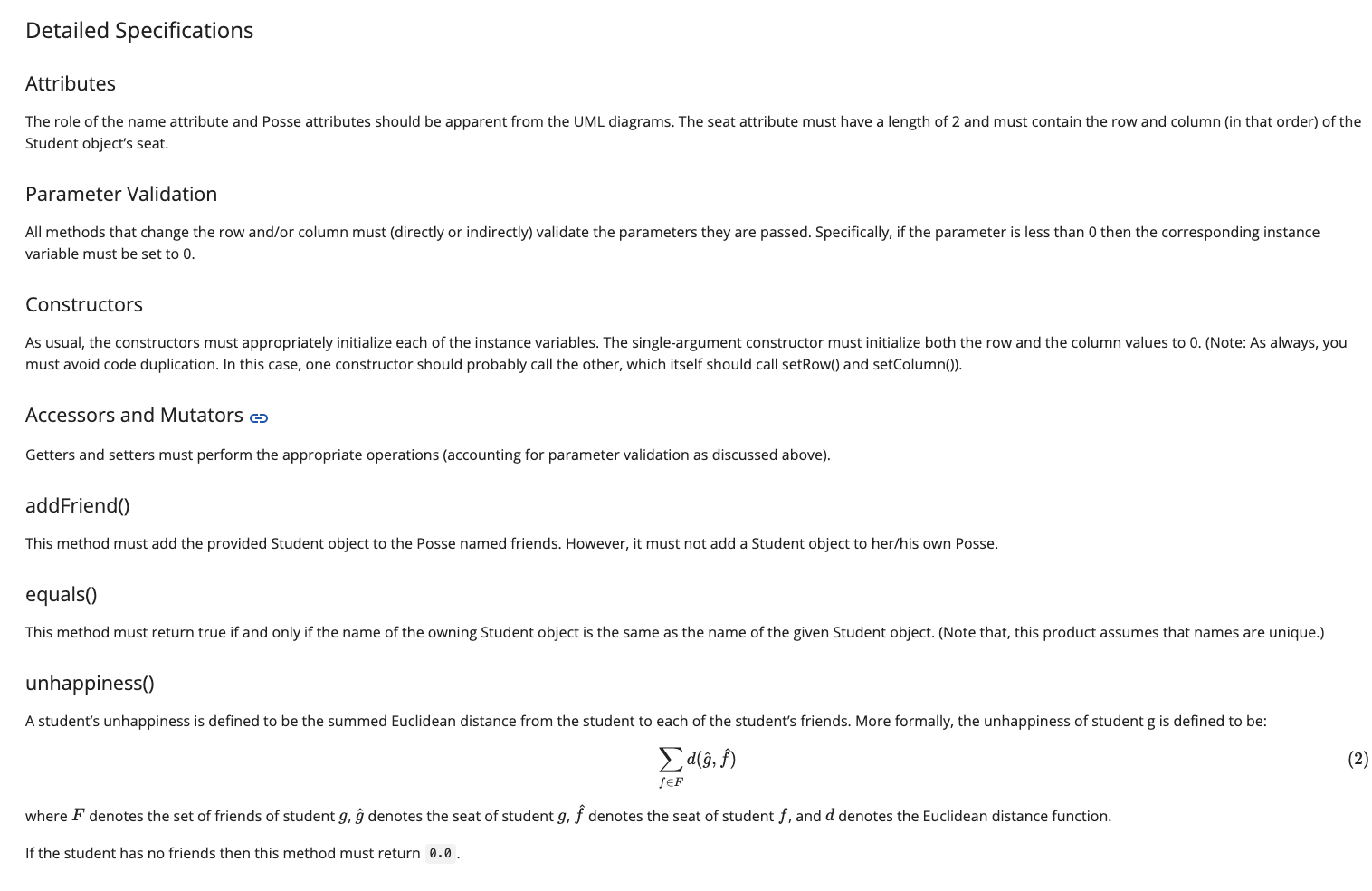 : String) : Student +getMaxSize(): int +getSize() : int Detailed Specifications Constructors