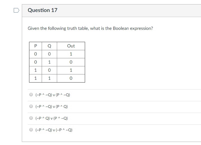  Just answer D Question 17 Given the following truth table, what
