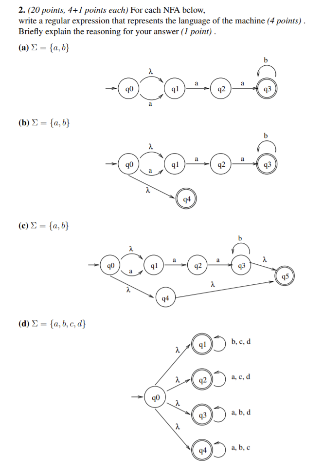 2. (20 points, 4+1 points each) For each NFA below, write