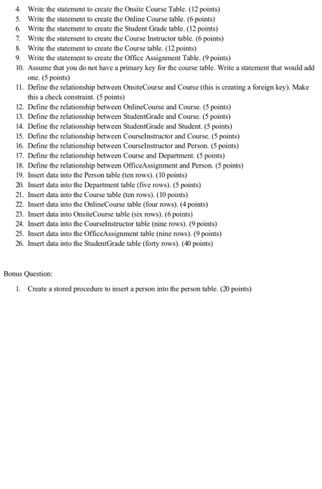 the diagram below and the questions, create the T-SQL Statements (or MySQL