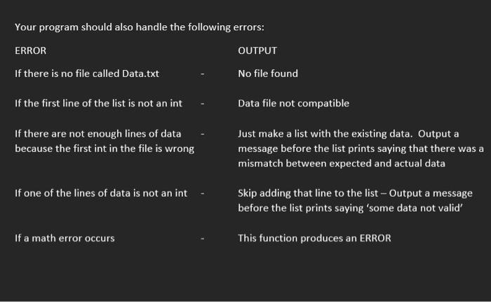 S NU 3 10 Your program should also handle the following errors: