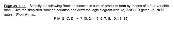 Page 38, 1-11 Simplify the following Boolean function in sum-of-products form