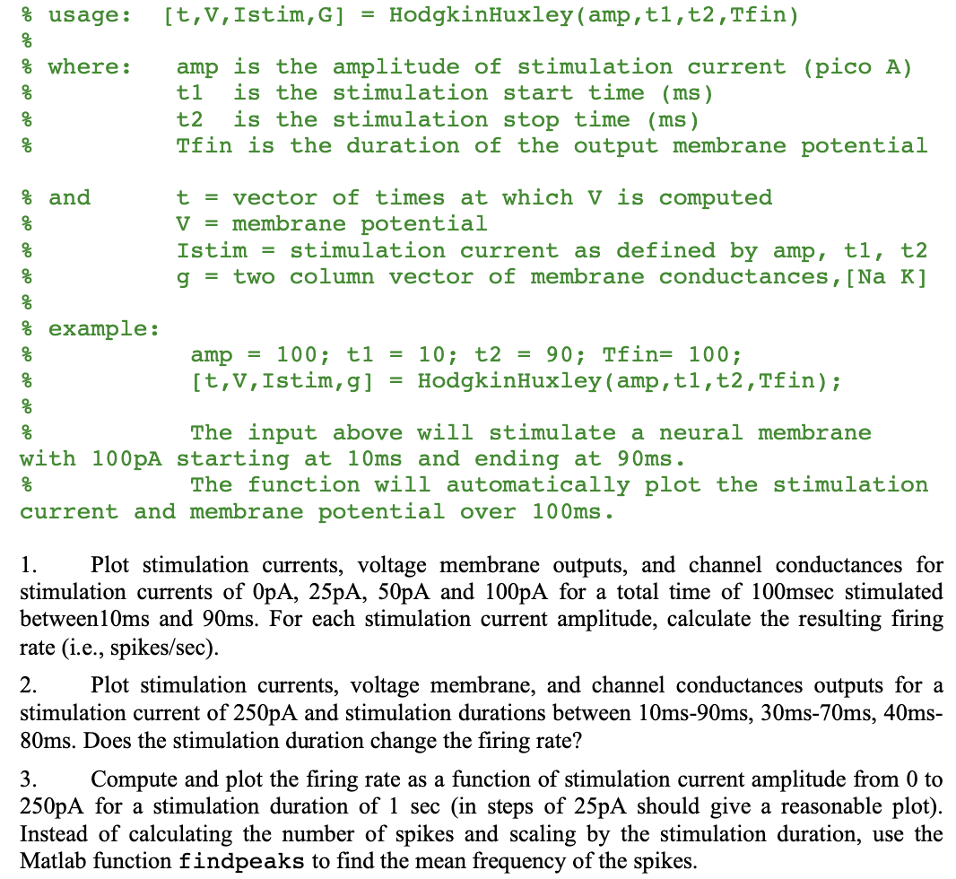 please help complete these questions in matlab! 1. Plot stimulation currents, voltage