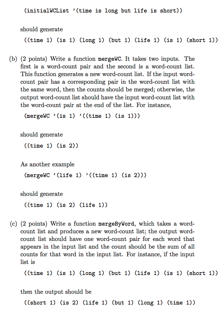 Scheme program that calculates word counts. The input is a list of