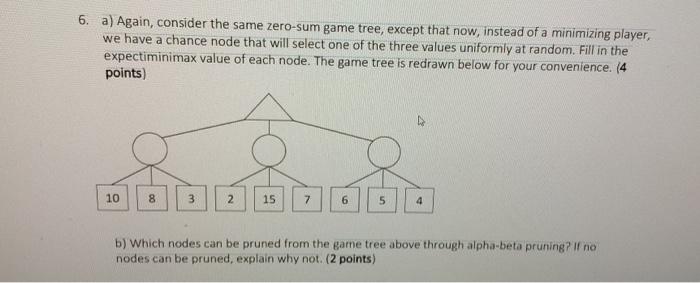  6. a) Again, consider the same zero-sum game tree, except that