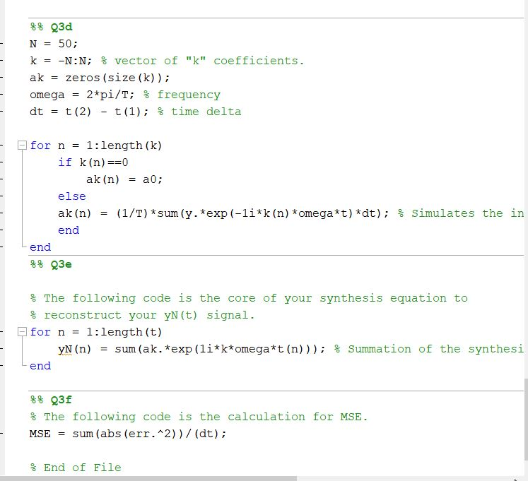 MATLAB code to compute the Fourier coefficients ak of y(t) for-50 S