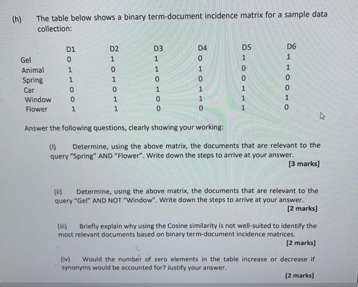  (h ) The table below shows a binary term-document incidence matrix