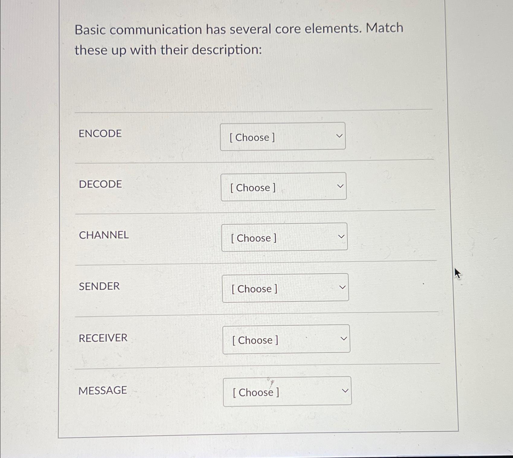  Basic communication has several core elements. Match these up with their
