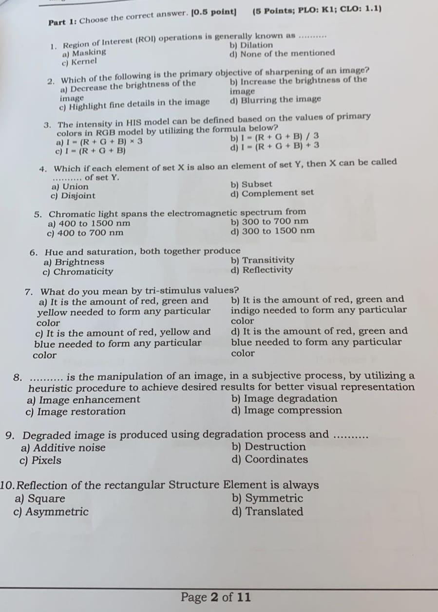  Part 1: Choose the correct answer. [0.5 point] (5 Points; PLO: