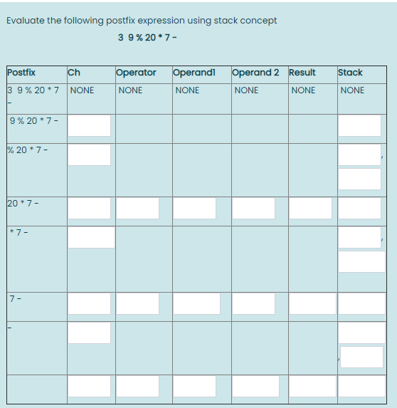  Evaluate the following postfix expression using stack concept 39% 20 *