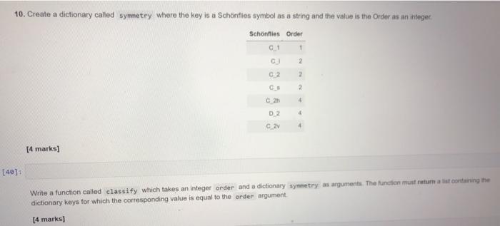 this question is in python 10. Create a dictionary called symmetry where
