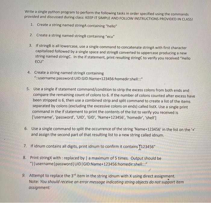 python programming Write a single python program to perform the following tasks