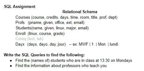  SQL Assignment Relational Schema Courses (course, credits, days, time, room, title,