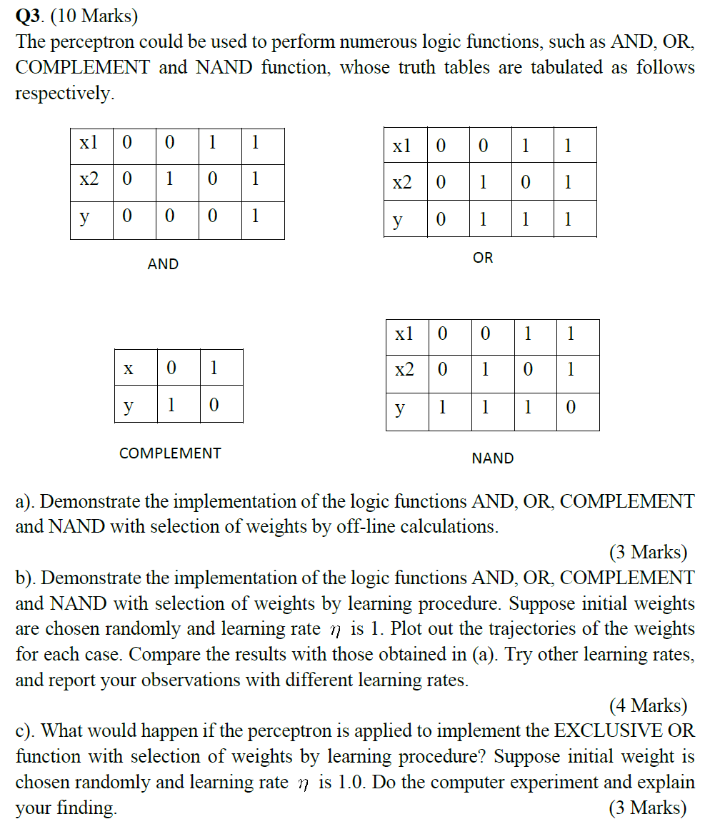  Q3.(10 Marks) The perceptron could be used to perform numerous logic