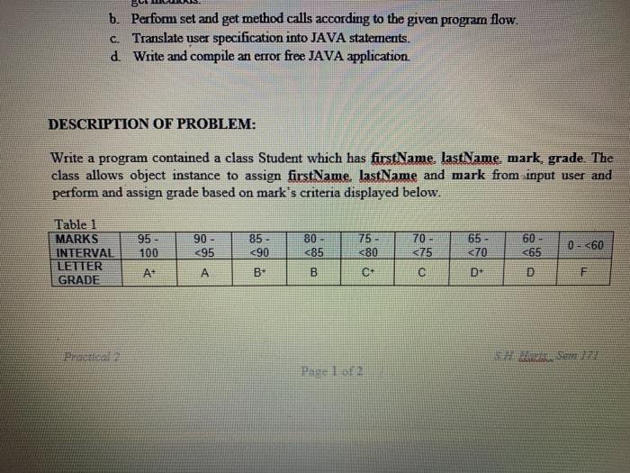  b. Perform set and get method calls according to the given