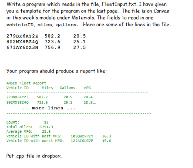 Write a program which reads in the file, FleetInput.txt. I have