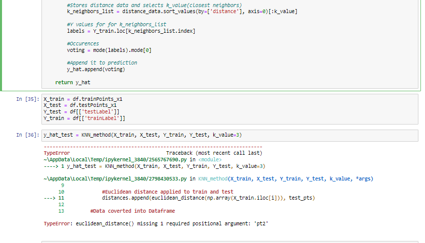error: TypeError: euclidean_distance() missing 1 required positional argument: 'pt2' How do I