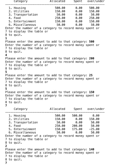 Miscellaneous 500.00 150.00 50.00 250.00 150.00 50.00 Write a program that stores