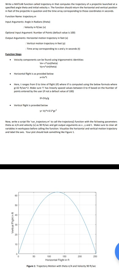  matlab Write a MATLAB function called trajectory.m that computes the trajectory