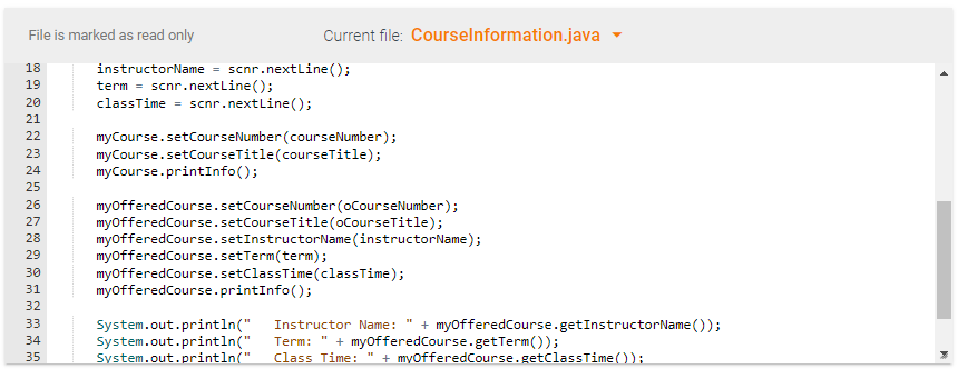 OfferedCourse with methods to set and get instructorName, term, and classTime. Ex.
