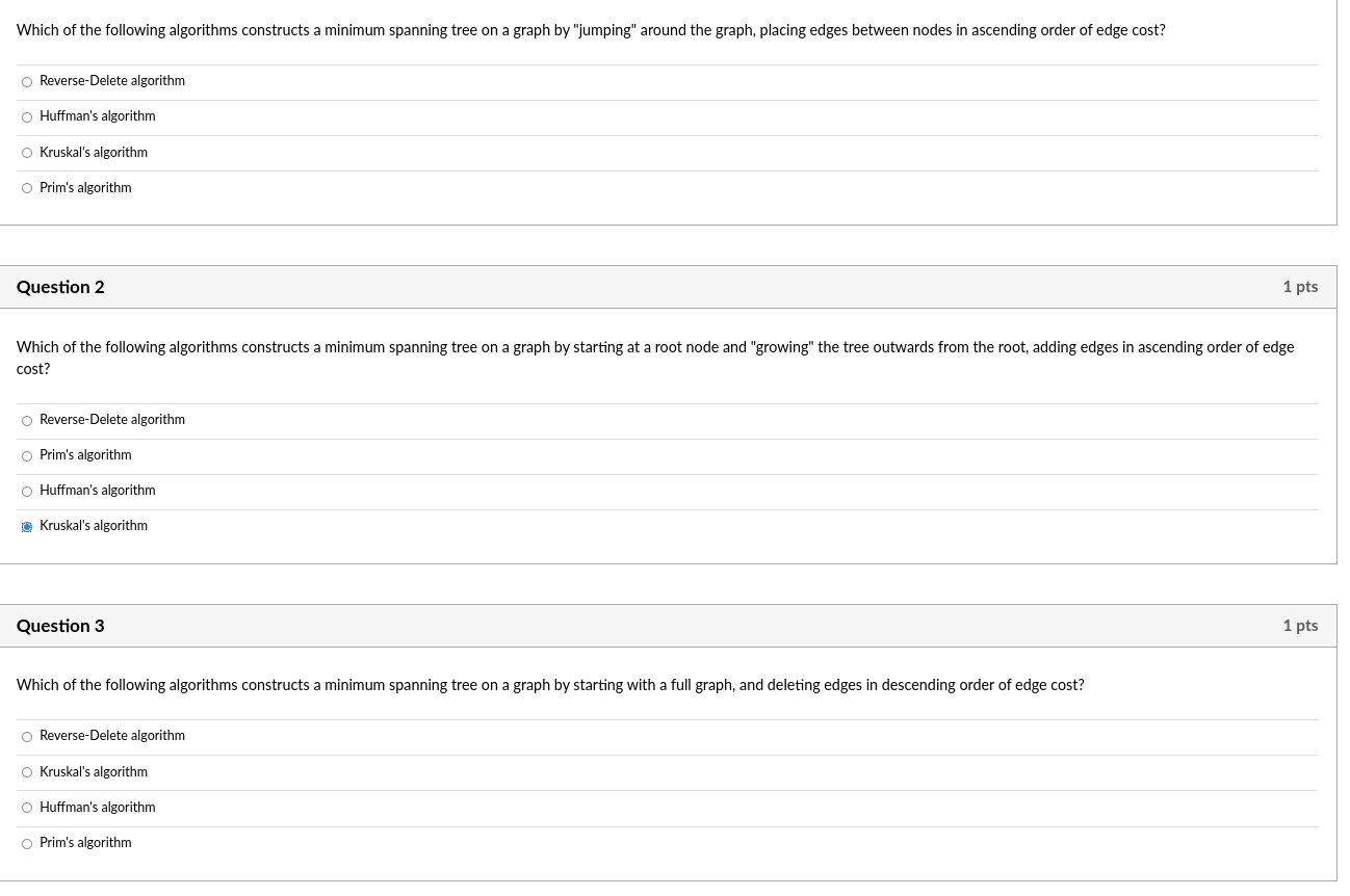 Which of the following algorithms constructs a minimum spanning tree on