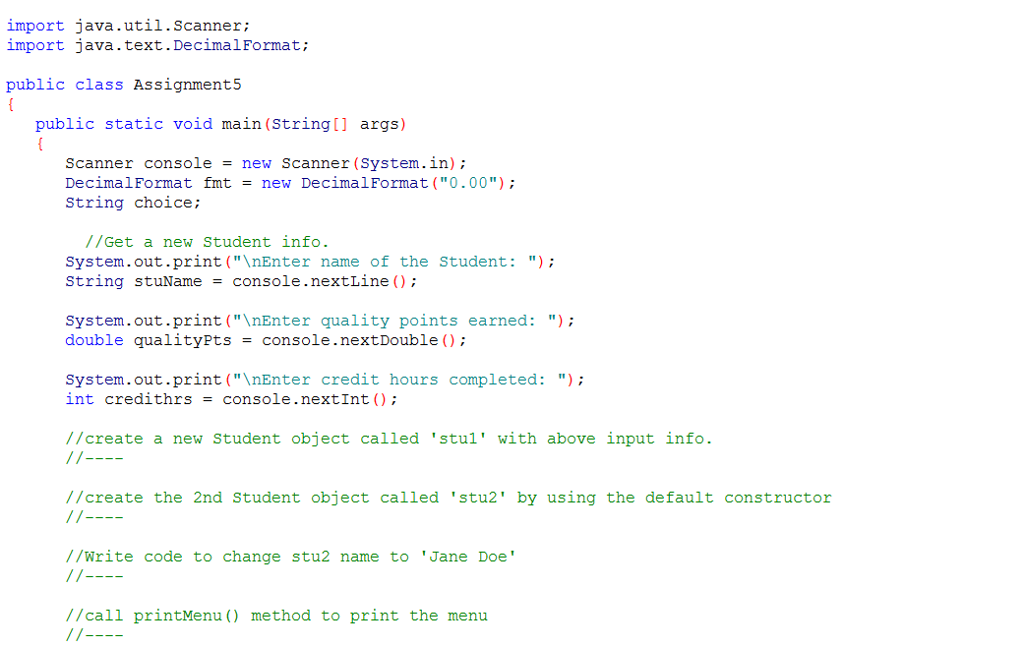 Please help me complete this java by fill the code. The green