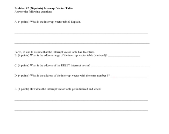  Problem #2 (20 points) Interrupt Vector Table Answer the following questions