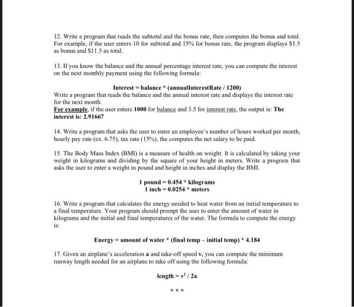  java language 12. Write a program that reads the subtotal and