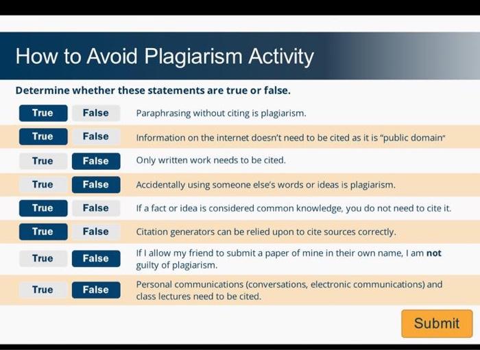 please give correct answers for these question How to Avoid Plagiarism Activity