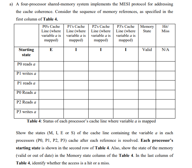  a) A four-processor shared-memory system implements the MESI protocol for addressing