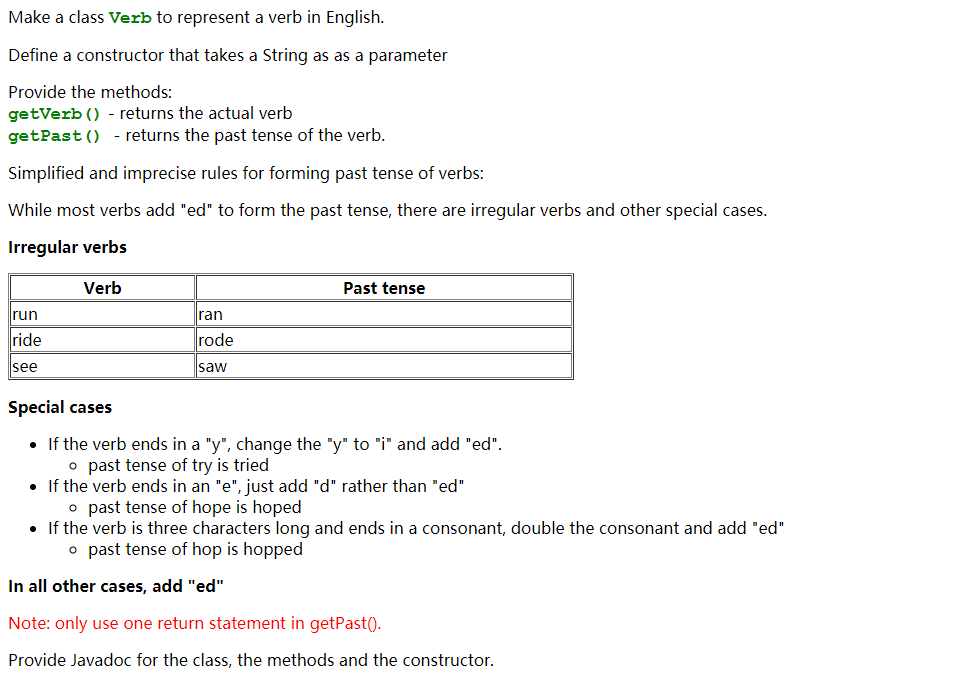 java thank you! 2 separate files thanks!!: 1.Verb.java 2.VerbTester.java (provided) Use the