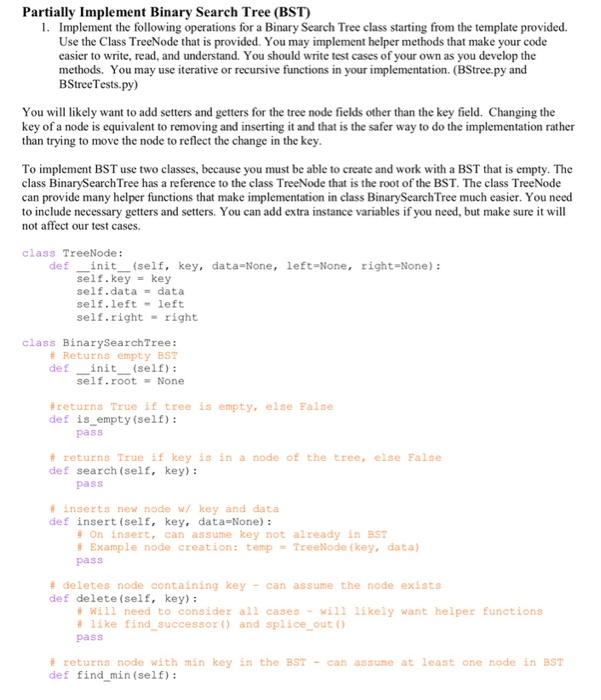  Python 3 implement the binary search tree Partially Implement Binary Search