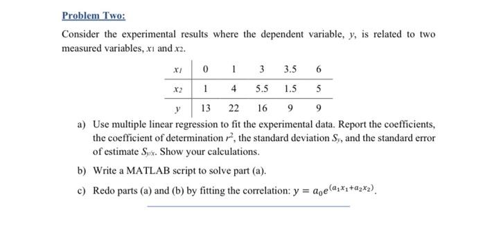  X 6 X2 1.5 Problem Two: Consider the experimental results where
