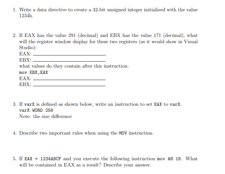 Assembly language programming. 1. Write a data directive to create a 32-bit