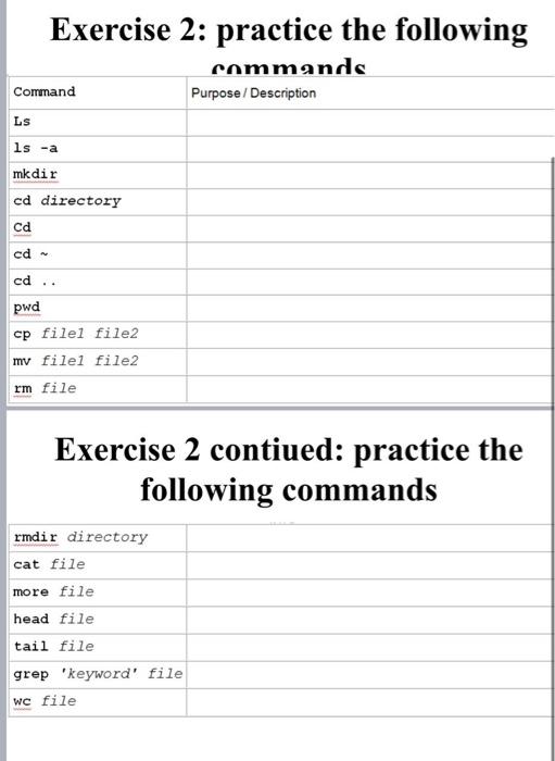  Exercise 2: practice the following commands Purpose/Description Command LS 1s -a