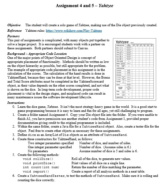 Complete both assignments. Create a Solo Yahtzee game in Java according to