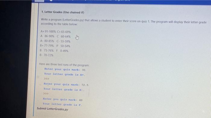  1. Letter Grades (Use chained in Write a program (LetterGrades py)