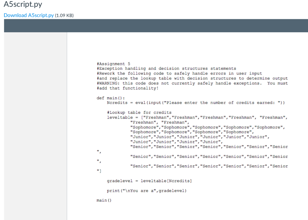 A5script.py Download A5script.py (1.09 KB) #As signment 5 #Exception handling and