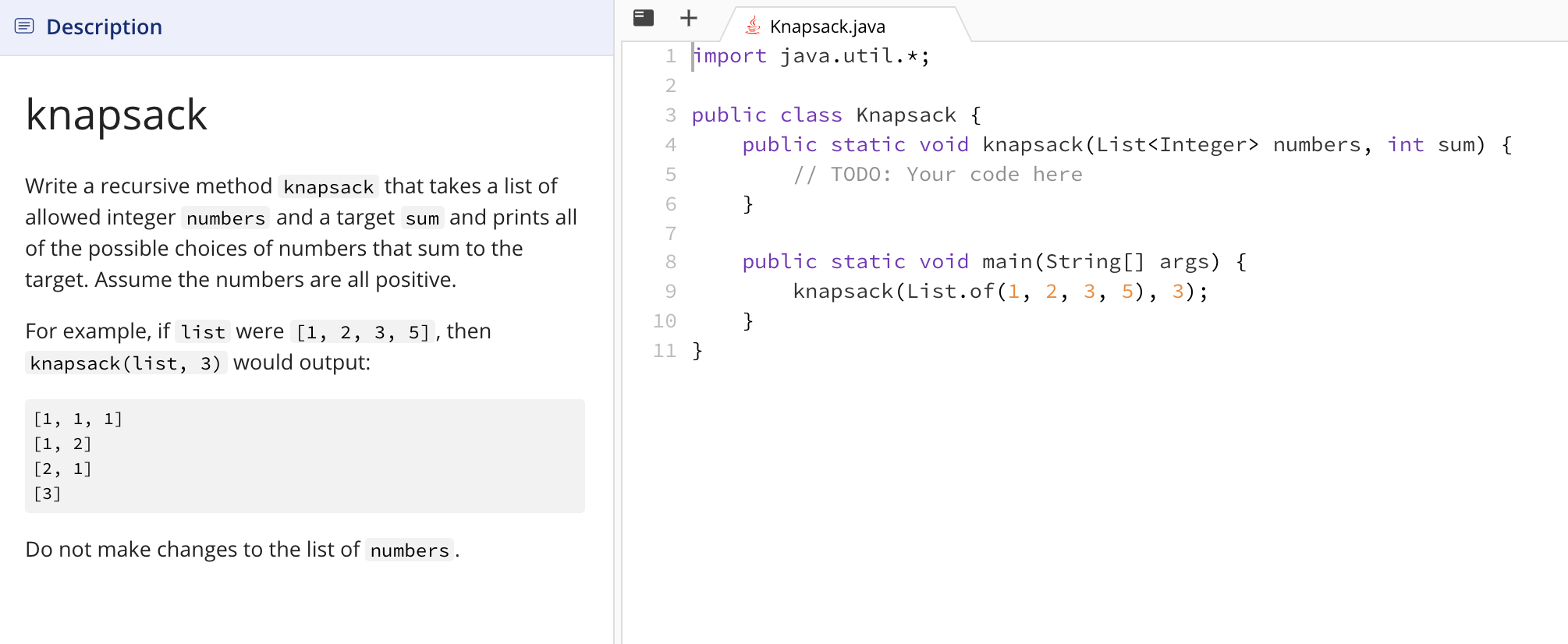  Description knapsack Write a recursive method knapsack that takes a list