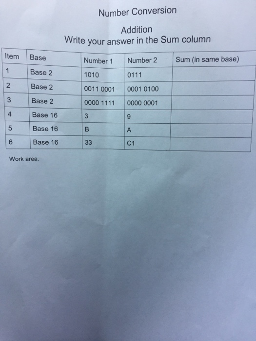  Number Conversion Addition Write your answer in the Sum column Item