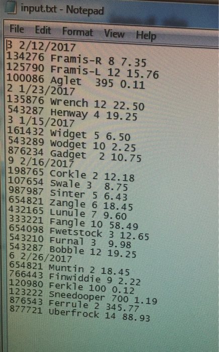 For each item an item code (6 digits) a name, a quantity