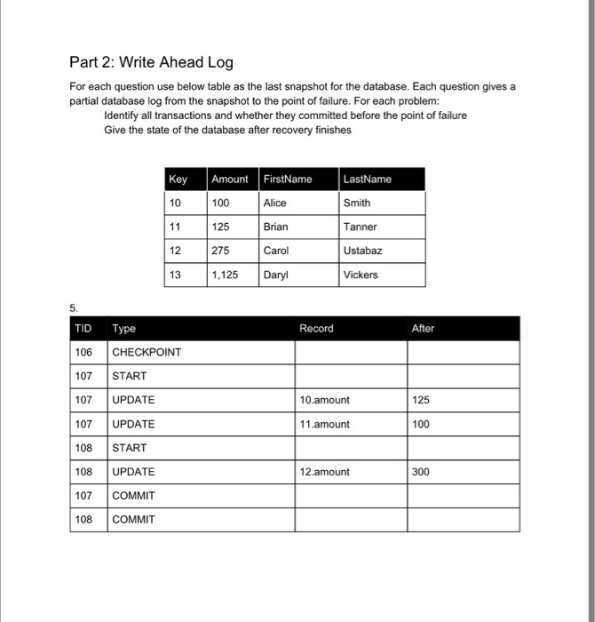  Part 2: Write Ahead Log For each question use below table