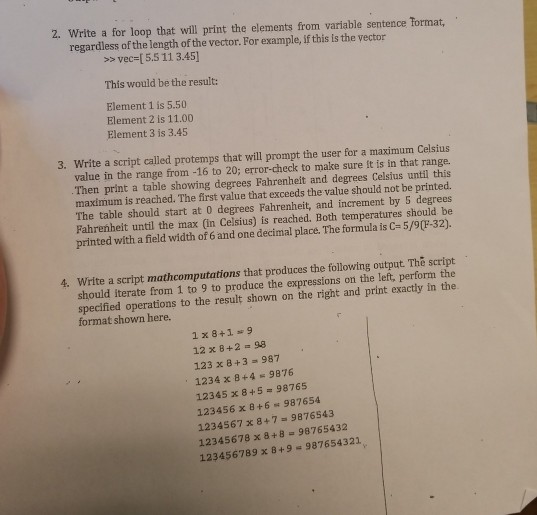  Matlab 2. Write a for loop that will print the elements