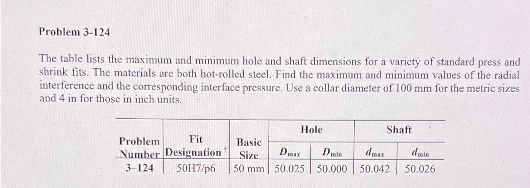  Problem 3-124\ The table lists the maximum and minimum hole and