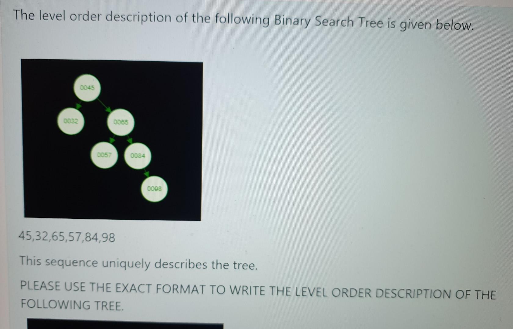 Java The level order description of the following Binary Search Tree
