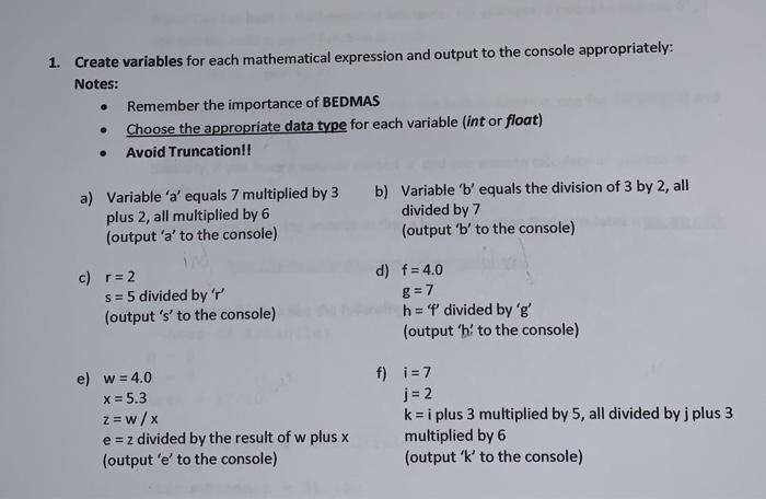 c++ 1. Create variables for each mathematical expression and output to the