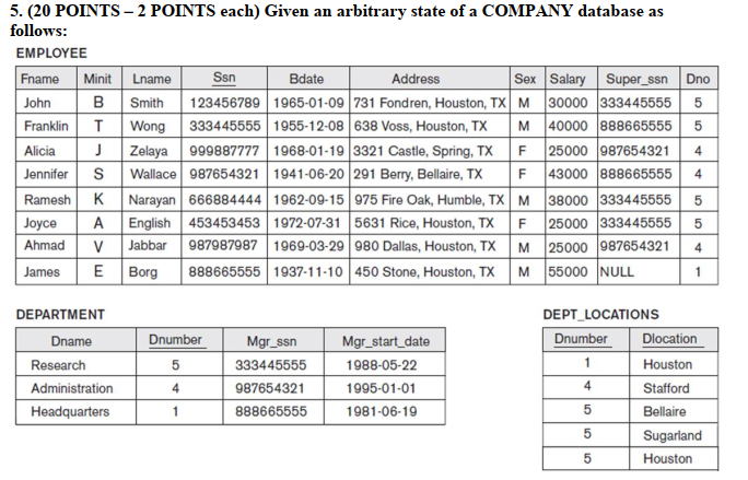 Database systems 5. (20 POINTS- 2 POINTS each) Given an arbitrary state